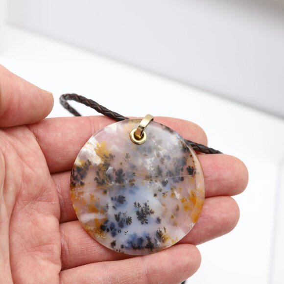 Dendritic Moss Agate stone Necklace Natural Stone Pendant 14K Yellow Gold & Leat - Picture 7 of 13